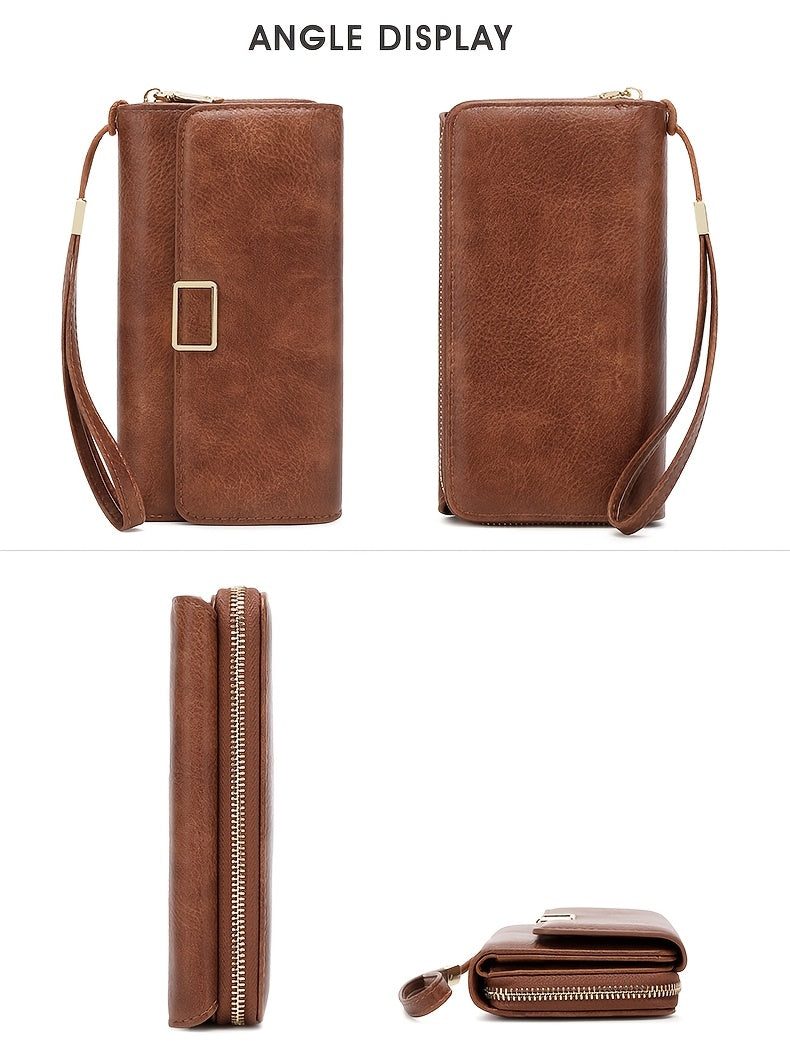 MIYIN Women's Vintage RFID Blocking Large Capacity Wallet with Wrist Strap - Tri-Fold  Handbag, Zipper Pocket & ID Slot, Multi-Card Holder (Credit/Debit) - Solid for Professional & Everyday Use