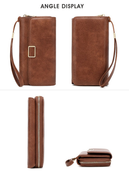 MIYIN Women's Vintage RFID Blocking Large Capacity Wallet with Wrist Strap - Tri-Fold  Handbag, Zipper Pocket & ID Slot, Multi-Card Holder (Credit/Debit) - Solid for Professional & Everyday Use