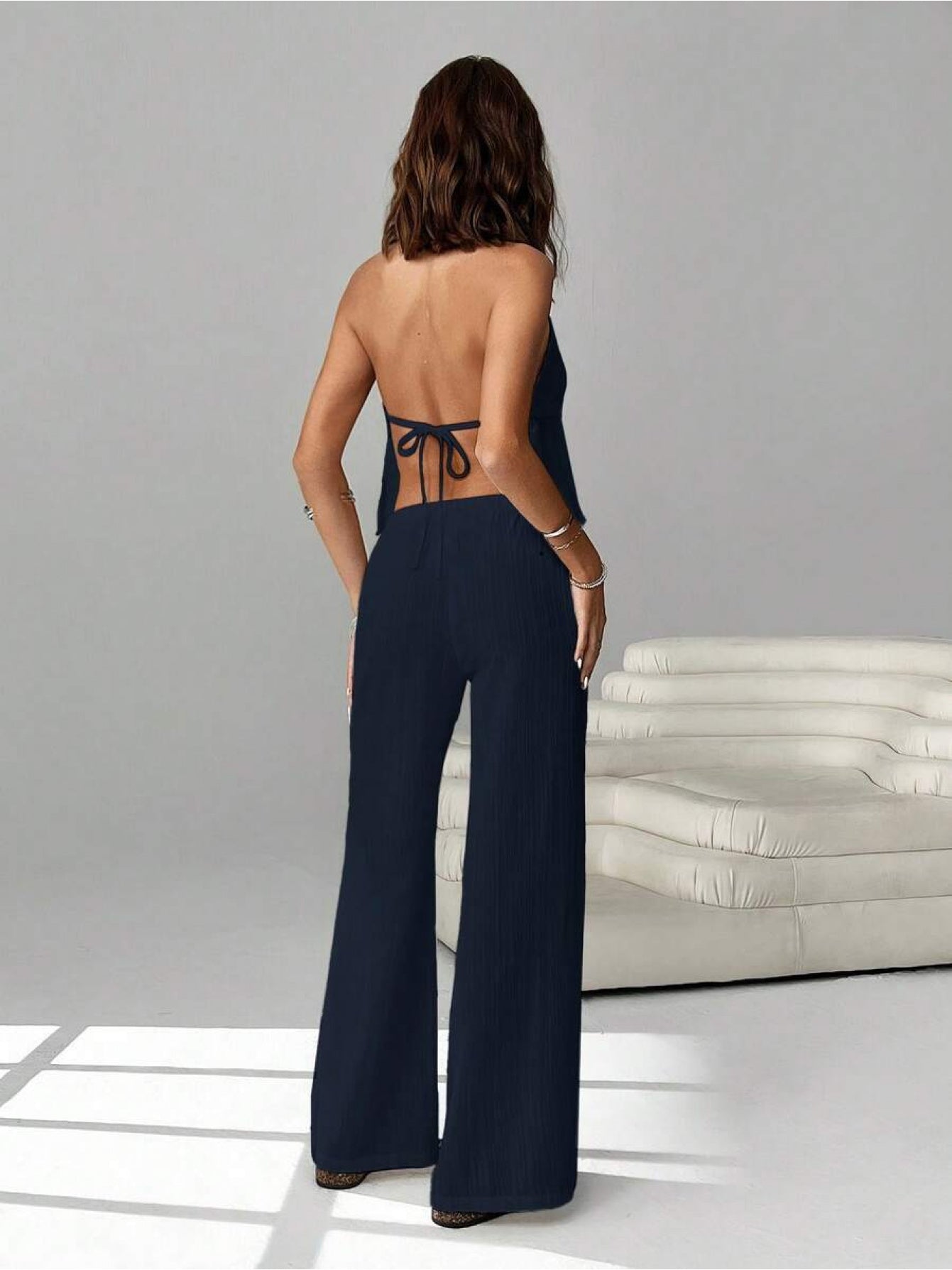 Women's Casual Tie-Up Halter Tank Top & Wide Leg Pants Set