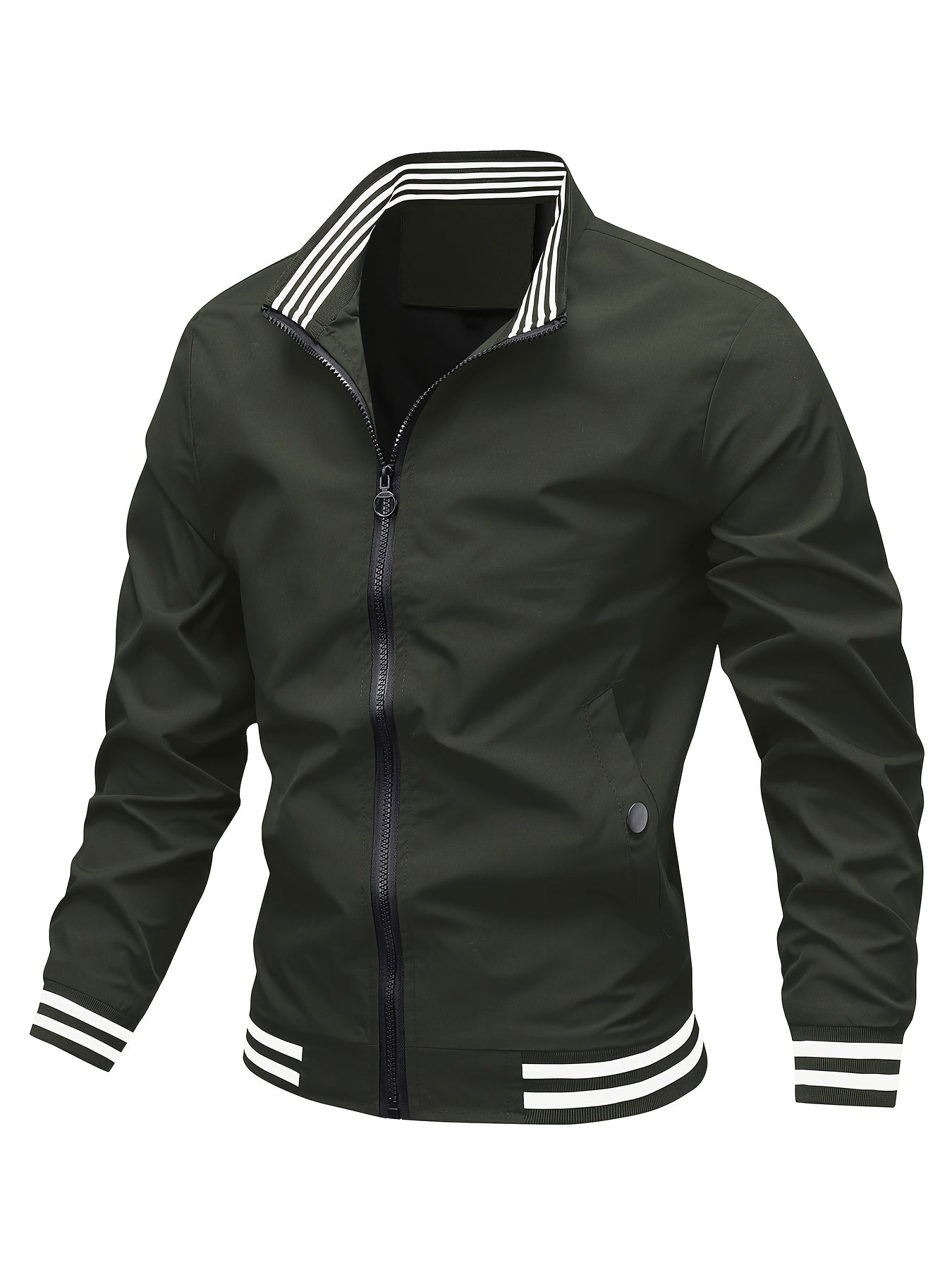 Men's Stand Collar Long Sleeve Zip Up Sports Jacket With Contrast Trim Design, Men's Spring Fall Outwear, As Gifts