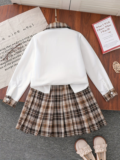 Girls' Preppy JK School Uniform Set with Plaid Skirt & Tie
