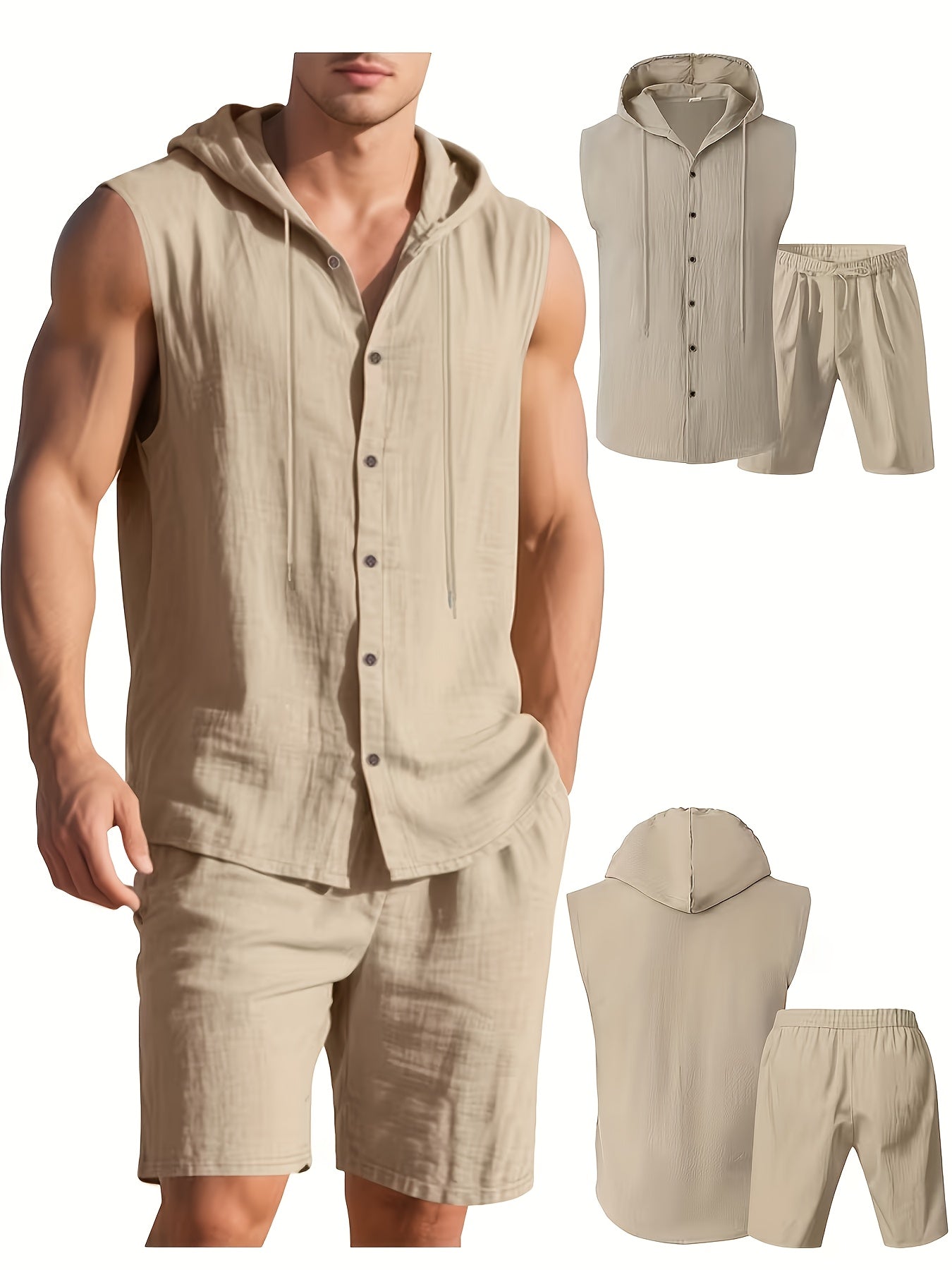 Men's Summer Linen Hooded Sleeveless Shirt & Shorts Set
