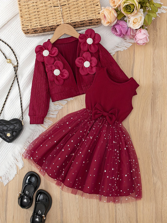 Young Girl Fashion Short Waffle Knit 3D Floral Jacket Top Solid Color Ribbed Vest with Bow Patchwork Mesh Dress Set for Daily Home Outdoor Sports Spring and Autumn, Perfect for Outdoor, Girl Dresses, Girl Clothes, Girl Outfit