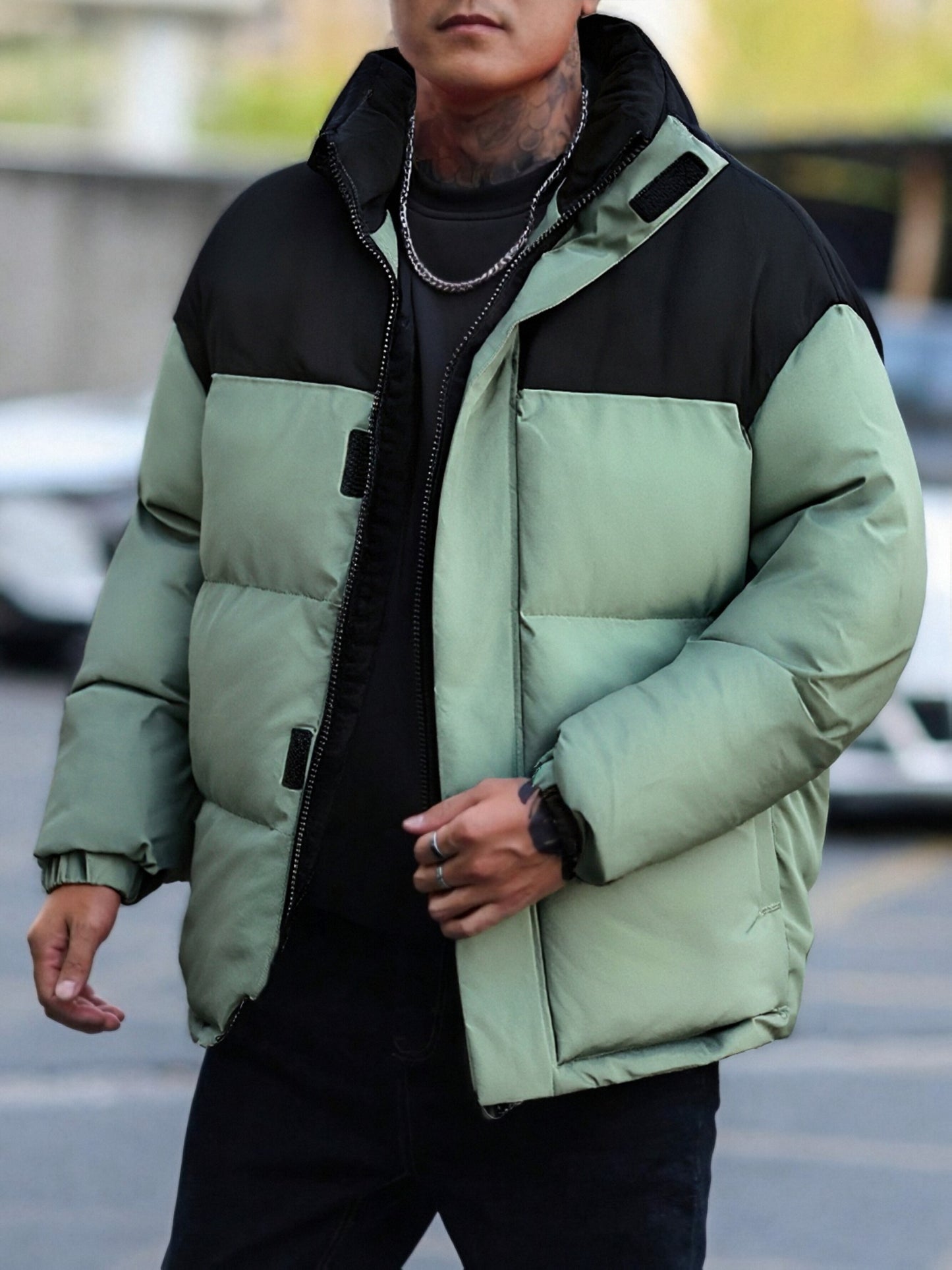 Men's Winter Color-Block Jacket with Stand Collar - Black & Casual Outdoor Warm Coat, Polyester-Filled Zipper Front, Regular Fit for Cold Weather, No Stretch Fabric