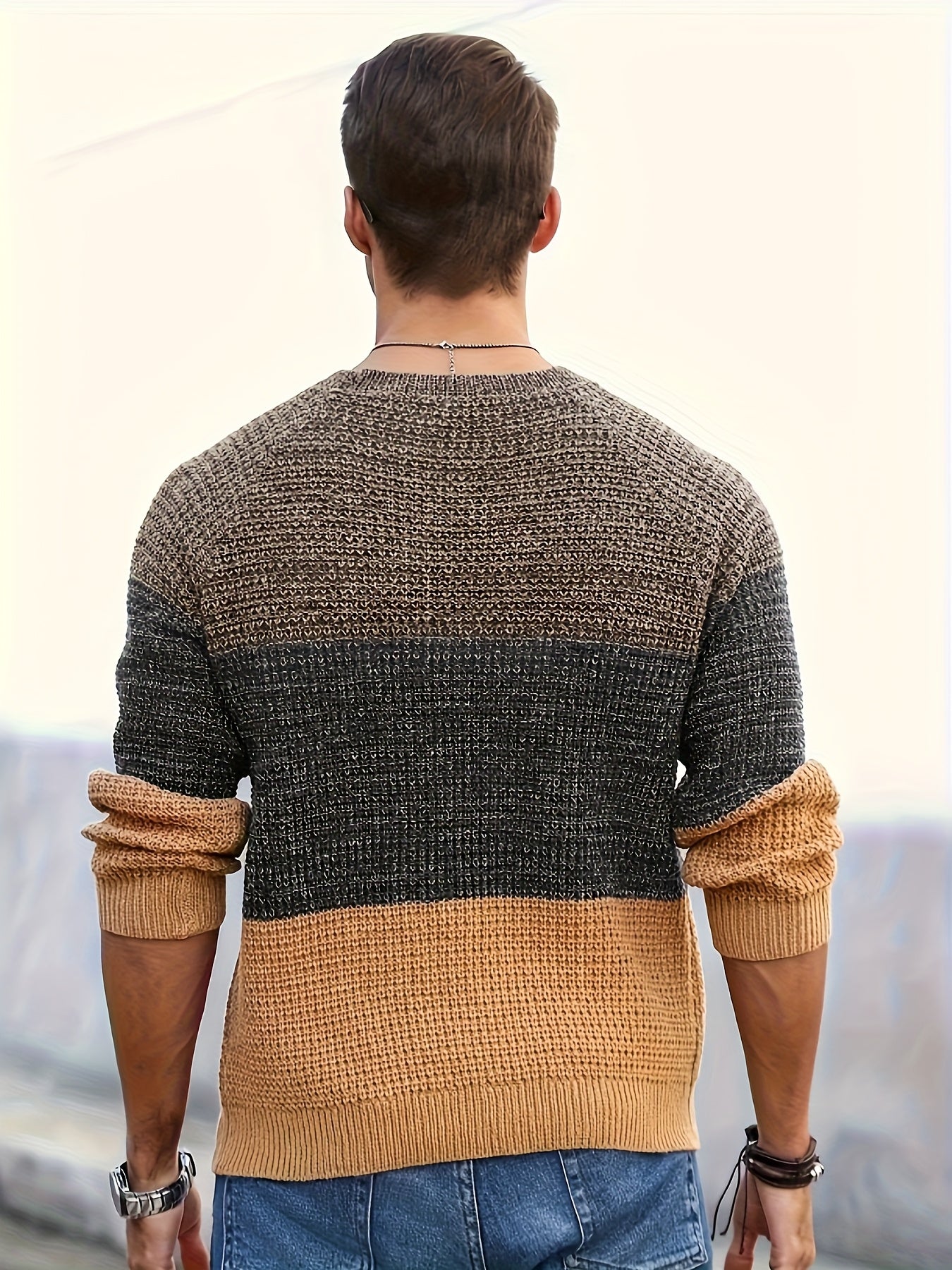 Men's Autumn and Winter Color Block Knit Sweater, Crew Neck Pullover