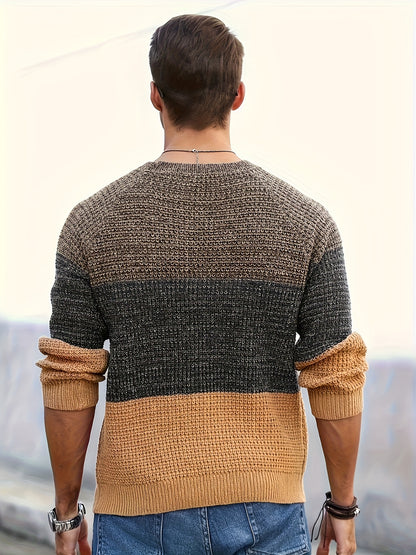 Men's Autumn and Winter Color Block Knit Sweater, Crew Neck Pullover