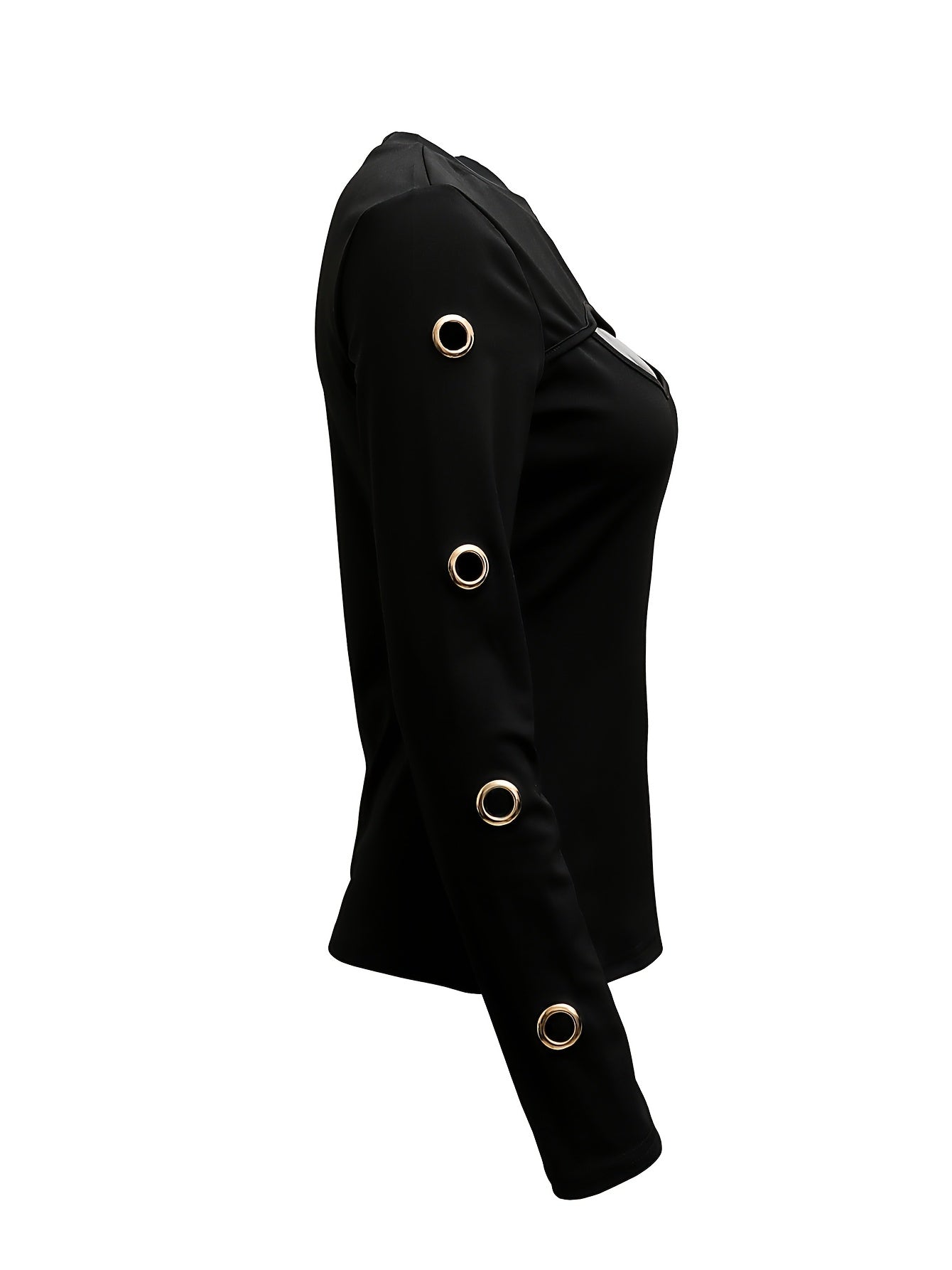 Women's Elegant Black Long Sleeve T-Shirt with Golden-Tone Circular Buttons - Round Neck Medium Stretch Top for Spring & Fall, Solid Color Regular Fit Casual to Semi-Formal Wear, Transitional Season Clothing, Sophisticated Bu