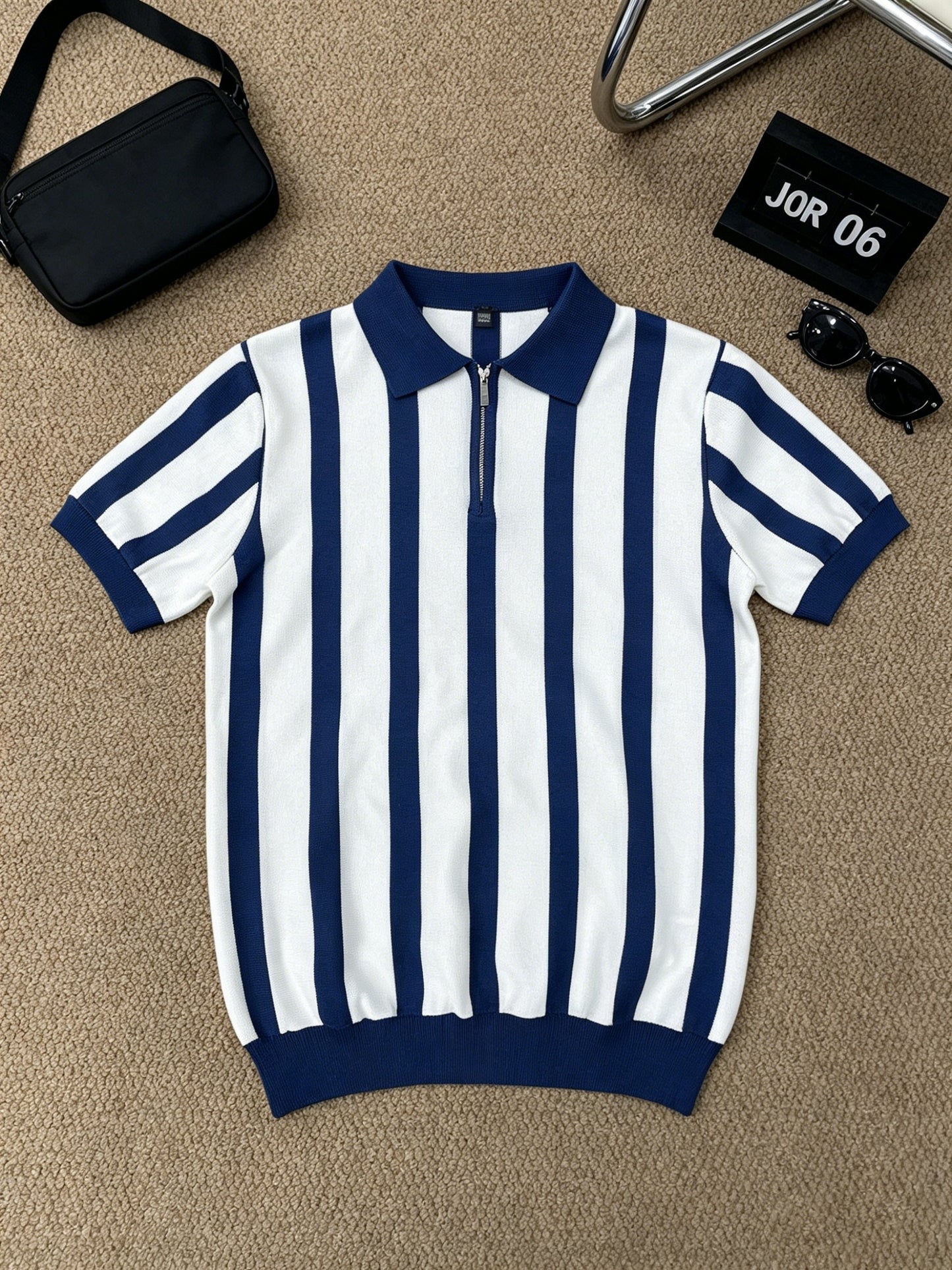 Men's Slim Fit Vertical Stripe Knit Polo with Half-Zip Collar