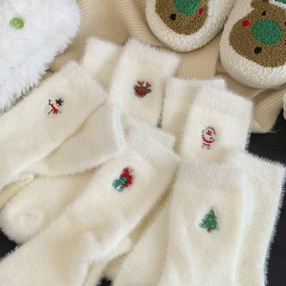 1 Pair Women's Cozy Furry Winter Thermal Socks - Thick Warm Plush Polyester with Festive Snowman, Gingerbread & Reindeer Embellishments, Soft Round Toe & Heel, Hand Wash Only - Christmas & New Year's Party Socks for Cold Weat