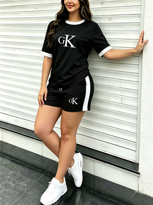 Casual Summer Two-Piece Set with Logo Print, Breathable Polyester