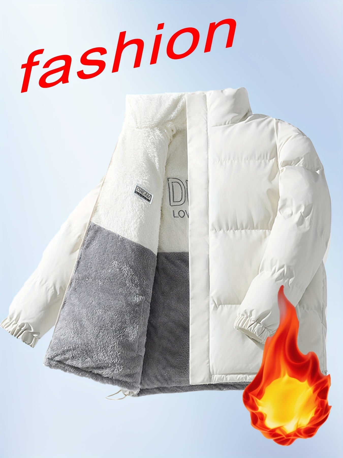 Men'S Double-Sided Fleece-Lined Thickened Jacket - Casual Stand Collar with Letter Print, Regular Fit, Pockets, Polyester Fill, Versatile for Fall/Winter, Winter Jacket