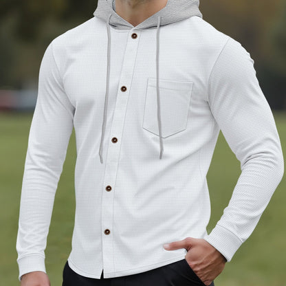 Men'S Lightweight Hooded Cardigan - Long Sleeve Sweater Jacket, Button-Front Closure, Light Grey Casual Outerwear for Office, Casual Attire - Breathable Fall/Spring Layering Essential, Sweater Cardigan, Waffle Texture, Durabl