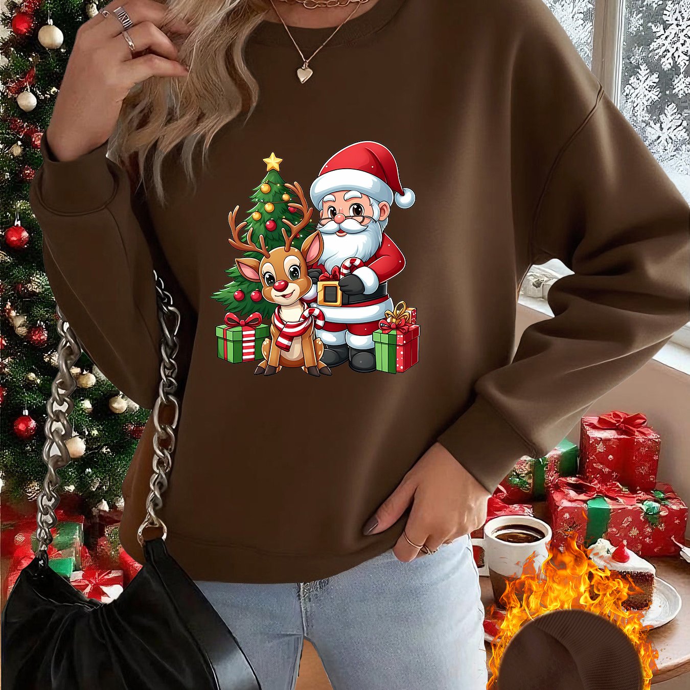 1pc Women's & Unisex Christmas Santa Reindeer Elf Print Sweater - Red Pullover Sweatshirt with Round Neck, Soft Warm Winter Sweating Jacket for Holiday Parties, Family Matching Outfits, Gift (Machine Washable) - Y2K Style All