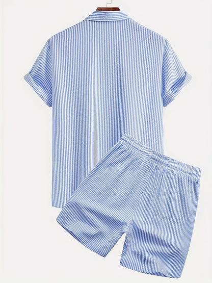 Men's Casual Breathable Bubble Stripe Pajama Set with Drawstring