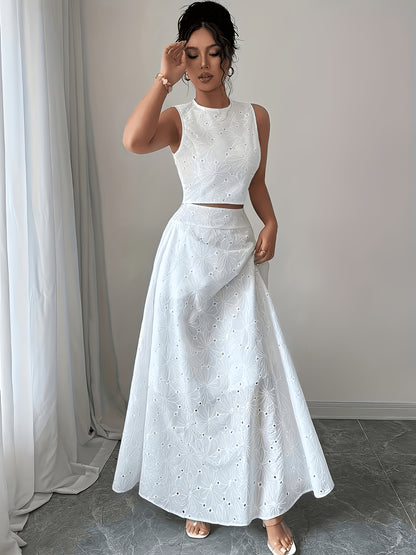 Elegant French Retro Two-Piece Set with Sleeveless Top & Maxi Skirt