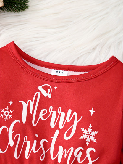 Festive Toddler Girl's Long Sleeve Ruffle Trim Dress with Santa and Snowman Print - Polyester Blend with Slight Stretch, Casual Knit Fabric Playwear for Spring/Fall