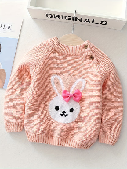 Girls' Knit Bunny Pullover Sweater with Bow - Warm Winter Cotton