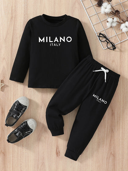 Boys' Autumn Winter Cotton Long Sleeve T-Shirt and Pants Set