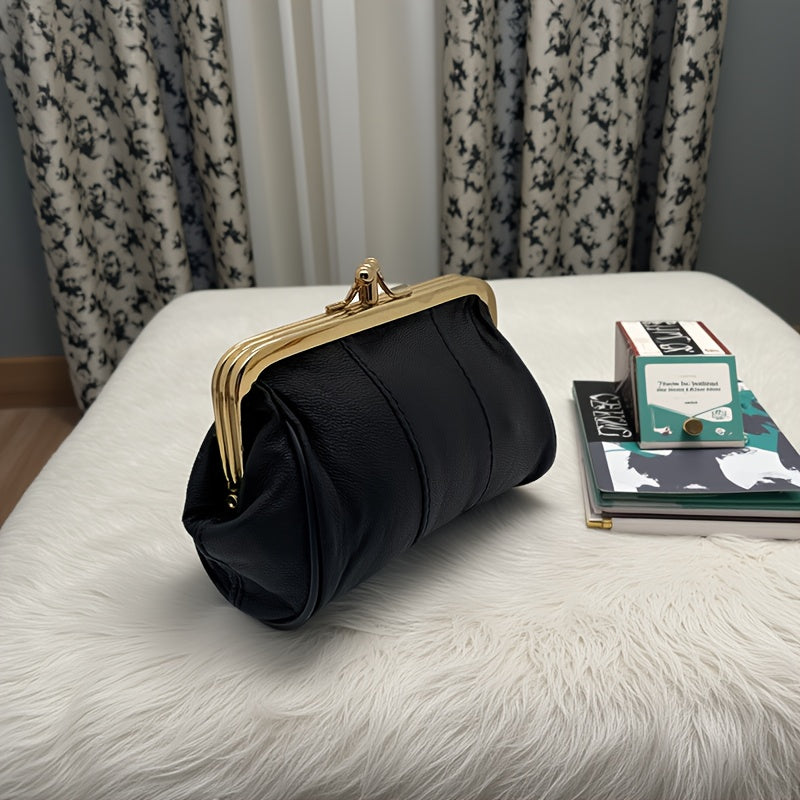Vintage-Style Genuine Leather Clutch with Golden Metal Frame – Black Mini Wallet for Women, Compact Coin Purse & Key Holder, Elegant Textured Design