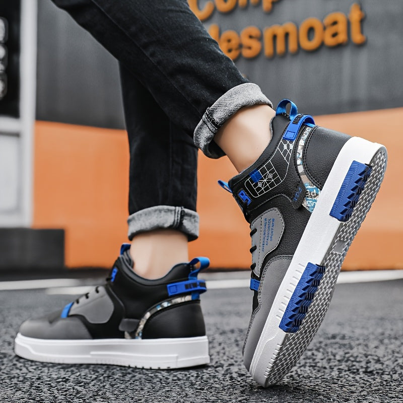 Men's Skate Shoes with Good Grip  Breathable Design - PU Upper, Cushioned PVC Sole, Black/Blue Letter Pattern Lace-Up Sneakers for All-Season Casual  Sports Wear, Allseason Shoes   Modern Casual Shoes   Comfortable Wear