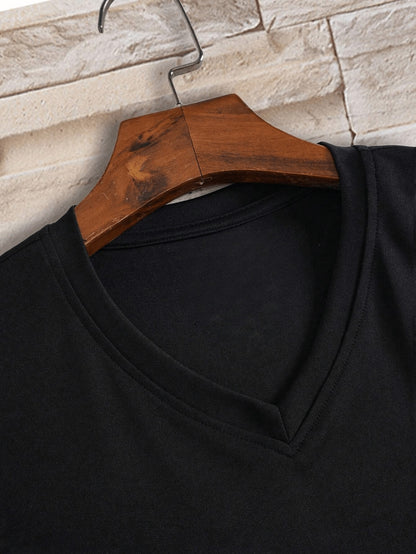 Men'S V-Neck Short Sleeve T-Shirt - Lightweight  Breathable, Casual Fit, Solid Black, Perfect for Summer, High-Quality Knit Fabric, Everyday Tshirt   Casual Style   Comfortable Fit