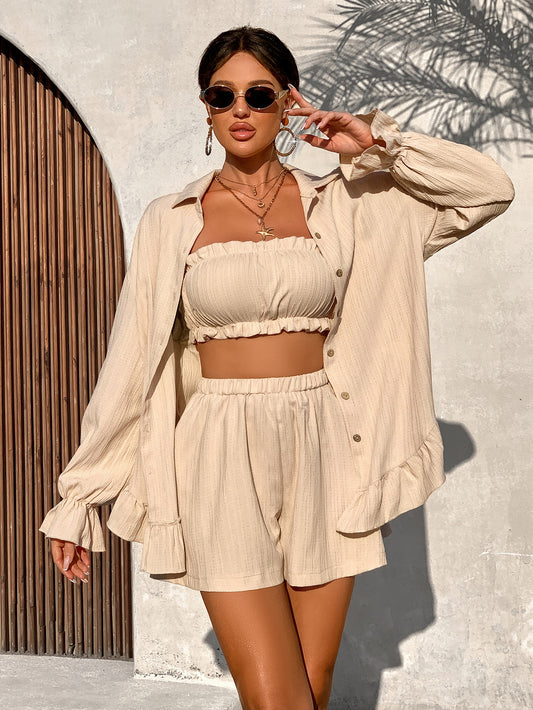 Women's 3-Piece Summer Set: Ruffle Camisole, Shorts & Button-Up Shirt