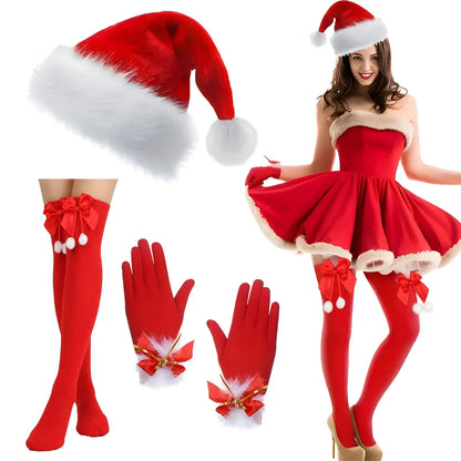3pcs, Practical Women's Red Christmas Dress up Set, with thigh high socks, hats, gloves, practical and thoughtful, suitable for Christmas events, Christmas, and New Year parties, a must-have for practical dressing up!