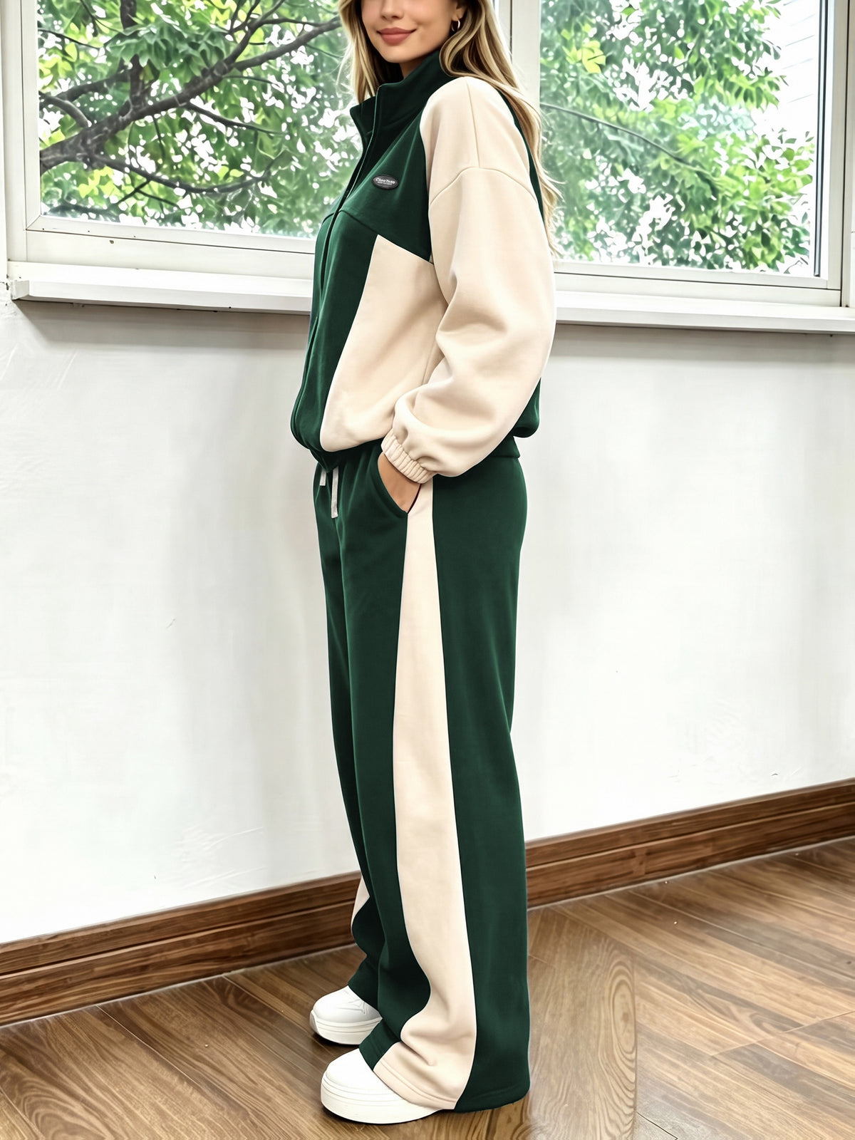 Casual Color Block Two-Piece Set with Loose Jacket & Wide-Leg Pants - ayq