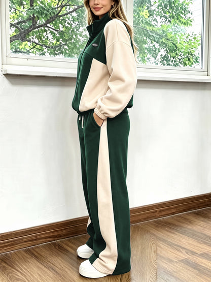 Casual Color Block Two-Piece Set with Loose Jacket & Wide-Leg Pants - ayq