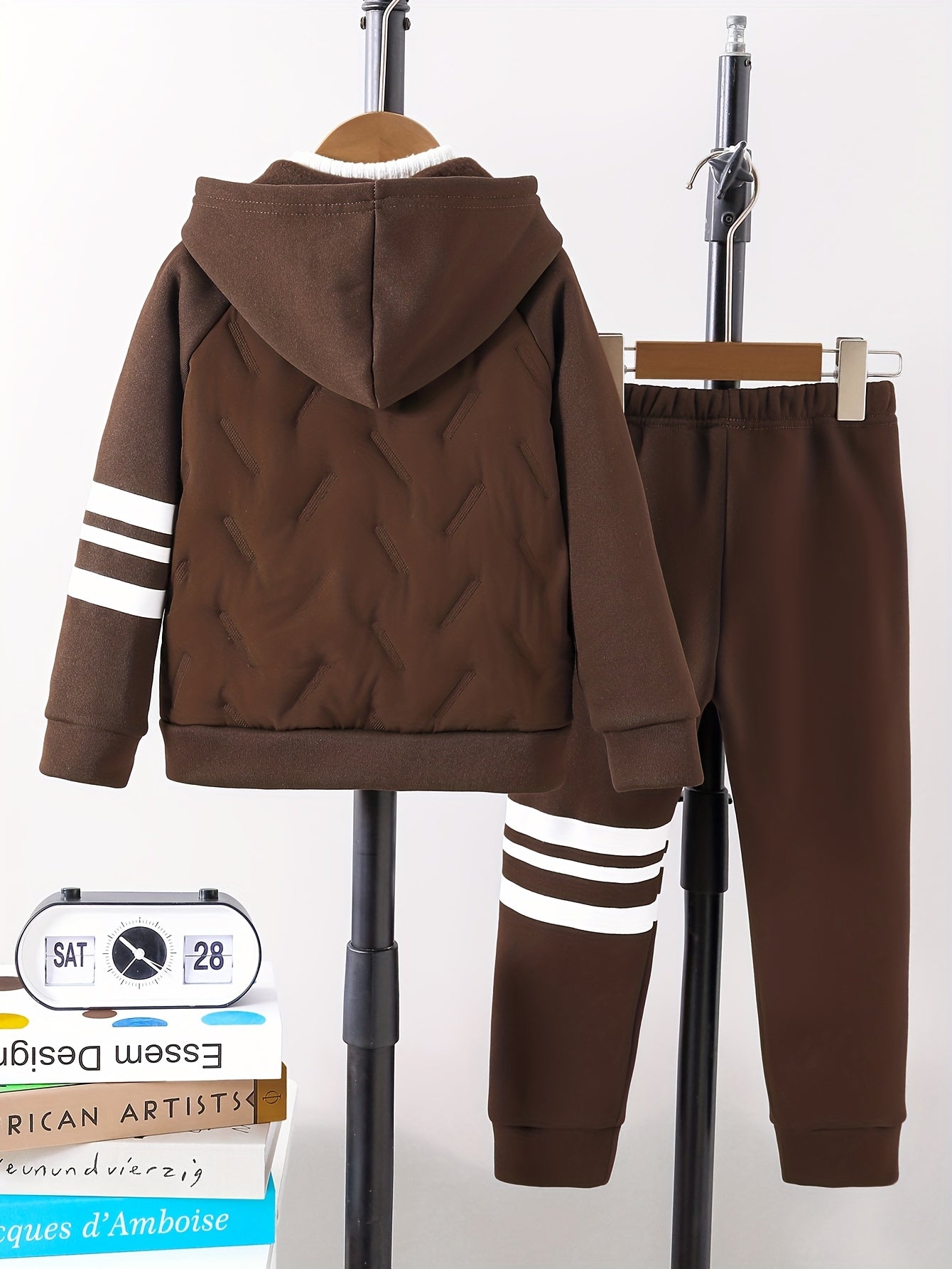 ' Autumn/Winter New Thickened Fleece-Lined Hooded Jacket with Striped Print on One Side, Warm and Stylish Zip-Up Sweatshirt Top + Solid Color Drawstring Straight Leg Pants, Fashionable Classic Versatile Casual Long Pants 2pcs
