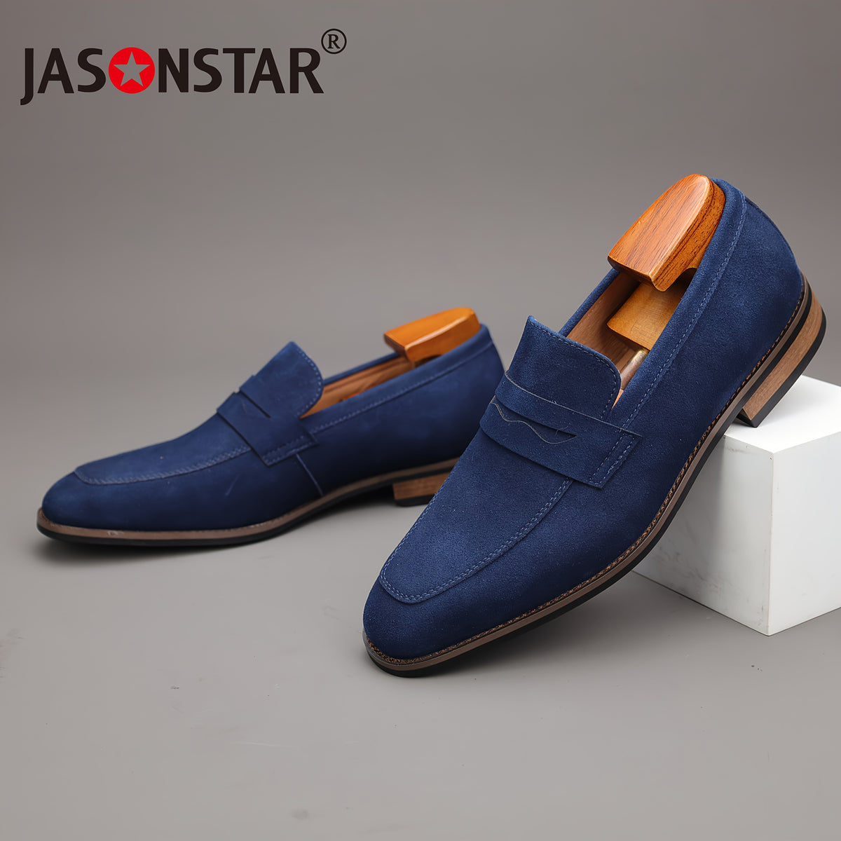 Men's Top Grain Suede Penny Loafers with Non-Slip Rubber Sole