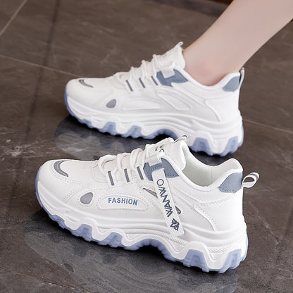 Women'S Fashion Sneakers - White Low-Top Lace-Up with Thick Sole, Stylish Tassel Detail, Lightweight All-Season Hiking and Walking Shoes, Casual Outdoor Footwear Trendy Casual Shoes Lightweight Footwear