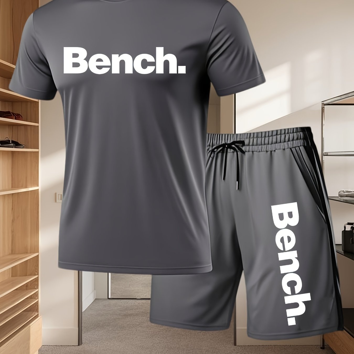 Summer Men'S Casual Sports Short Sleeve T-Shirt and Shorts Set, Comfortable Breathable, Suitable for Outdoor Jogging Running Fitness, Bench. Letter Print Design - 2pcs
