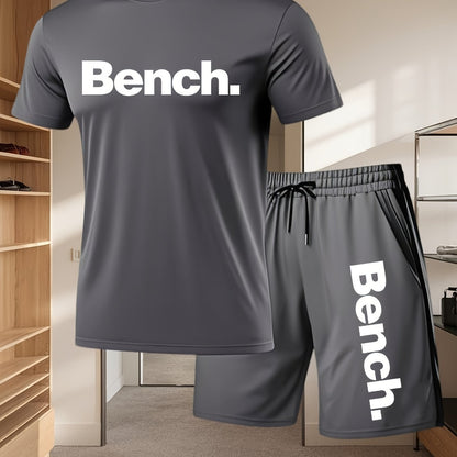 Summer Men'S Casual Sports Short Sleeve T-Shirt and Shorts Set, Comfortable Breathable, Suitable for Outdoor Jogging Running Fitness, Bench. Letter Print Design - 2pcs