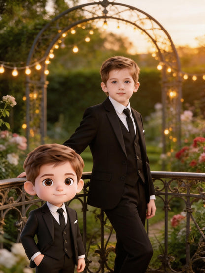 Boys' Korean Style 4-Piece Suit Set with Jacket, Vest, Pants, Tie