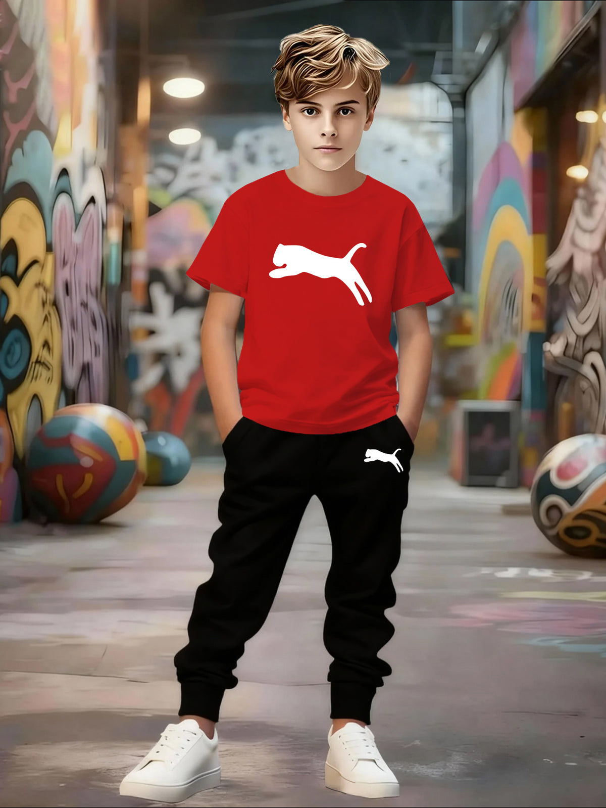 Boys' Casual Short Sleeve & Pants Set with Geometric Pattern