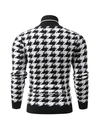 Temujin OBM Men's Fashion New Houndstooth Jacquard Knit Long Sleeve Pullover Sweater