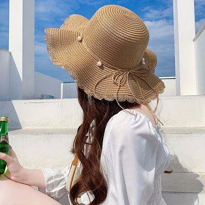 Women's Wide Brim Straw Sun Hat with Accents & Adjustable Ribbon - Protection Lace Trim Beach Wedding Casual Outdoor Hat for All Seasons