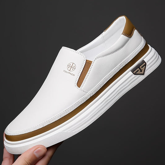 Men's Stylish Slip-On Loafers - Soft Upper, Non-Slip Rubber Sole, White with Brown & Golden Accents, Comfortable for Everyday Casual Wear, Vacation Shoes | Decorative Stitching | Synthetic Shoes, Dressy Shoes