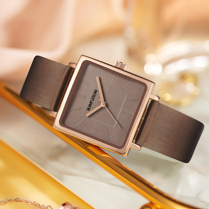 Women's Quartz Watch with Calfskin Strap and Minimalist Square Case