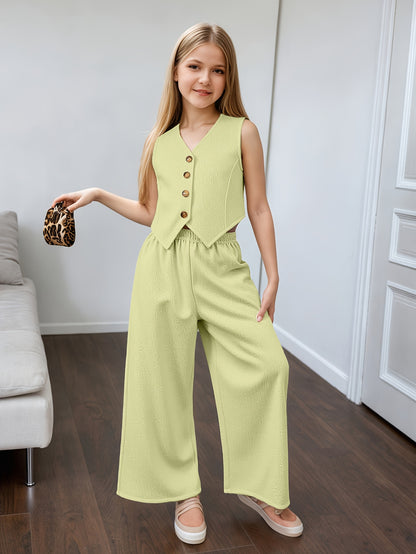 Girls' Summer Casual Set: Vest and Wide-Leg Pants Outfit