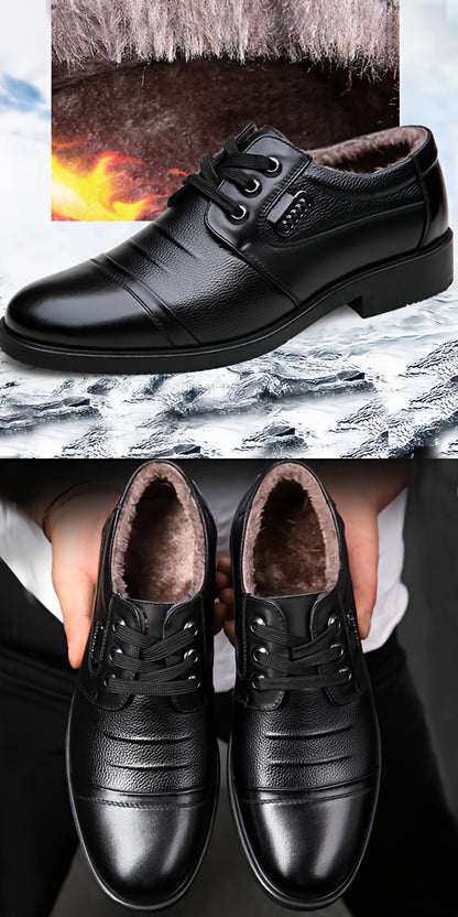 Men'S Genuine Leather Winter Warm Business Casual Shoes - Rubber Sole, Lace-Up Low-Top Design with Fabric Lining for All-Day Comfort, Black Solid Color for Office & Daily Wear