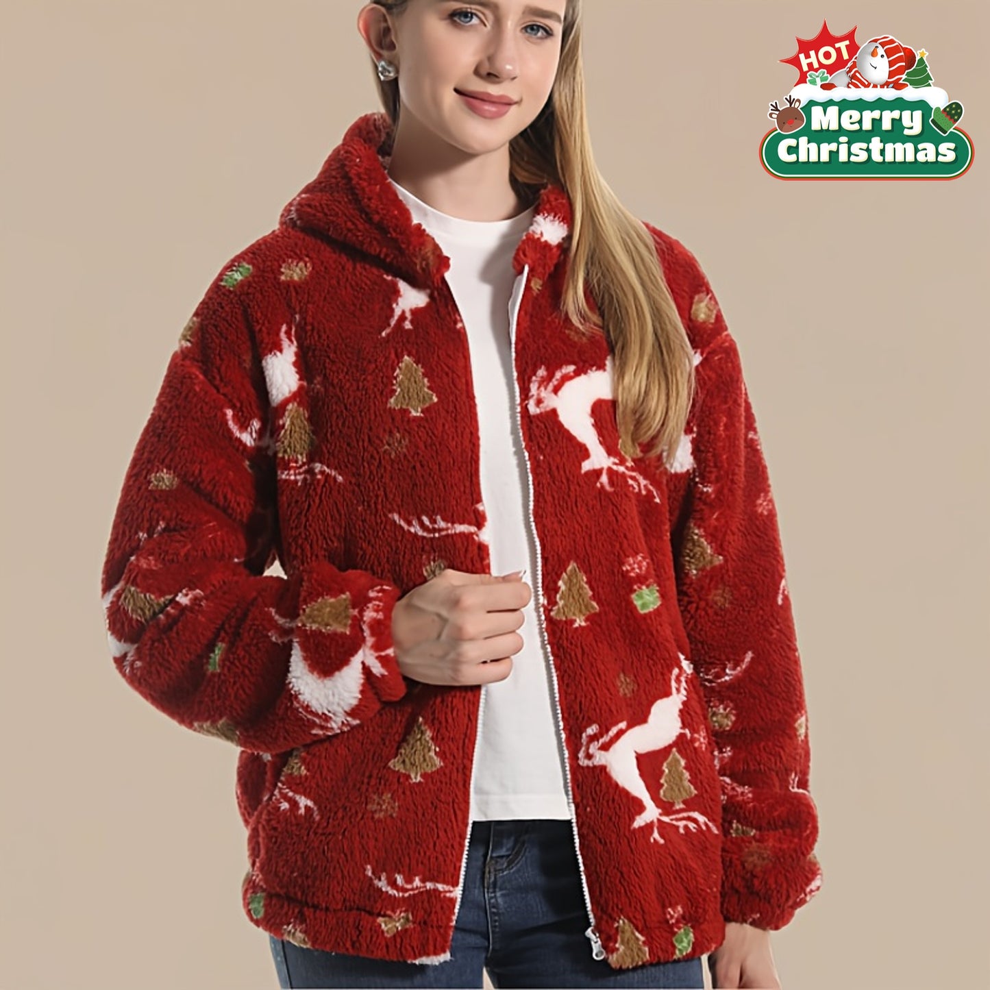 Cozy Christmas Reindeer Sweater - Red & Golden holiday Sweater with Deer, Soft Coral Fleece-like Pullover for Women & Men, Winter party Outfit, Lounge Wear - Machine Washable Cold Weather Clothing, Christmas Sweaters, Festive