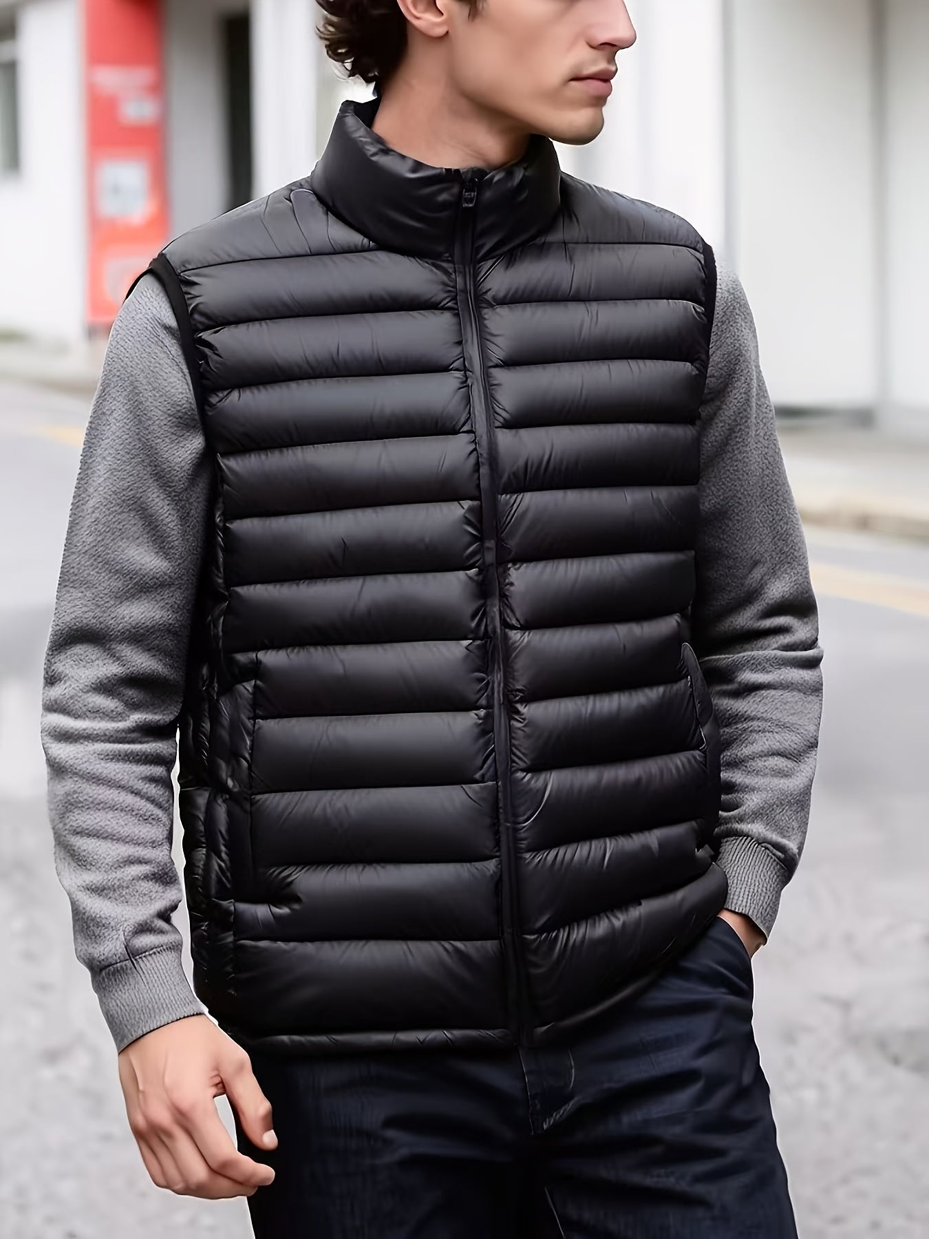 Fall/Winter Men'S Lightweight Jacket/Collar Vest- Fiber Vest, Side Pocket Jacket, Men'S Coat, Active Lifestyle Vest, Spring College Wear, Autumn Winter Spring Coat, Mature Look