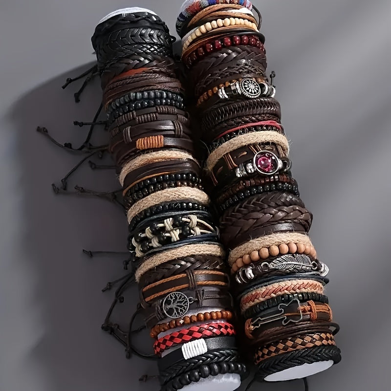 4/18/36pcs Vintage Fashion Faux Leather Bracelet Western Punk Style Beaded Wristband, Handwoven DIY Random Styles
