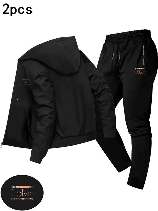 Men'S Trendy Fall/Winter Hooded Jacket Two-Piece Set Calvin Print, Casual Youth Casual Sports Jacket Set