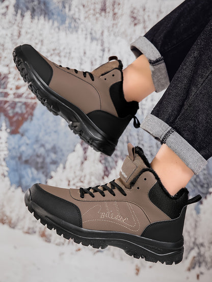 Men's Winter High-Top Ankle-High Outdoor Boots - Upper, Plush Lining & Cushioned Insole, Slip-Resistant MD Sole, Brown/Black Trekking Shoes for Snow, Ice, and Cold Weather - Lightweight & Durable Casual Winter Boots for Hikin