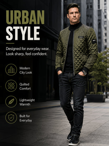 Men's Quilted Bomber Jacket with Ribbed Collar for Fall/Winter