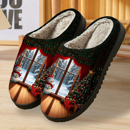 Cozy Plush Slippers for Men & Women - Festive Christmas & Halloween Design with Santa, Snowy Scene, and Red Ribbon Accents | Soft Fabric Upper & TPR Sole | Perfect Holiday Gift for Fall/Winter, Christmas Slippers