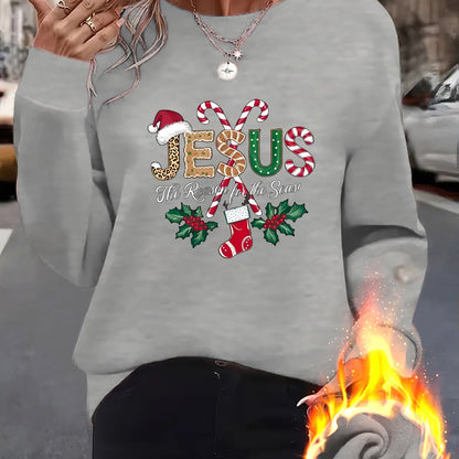 Women's Fleece-Lined Round Neck Pullover Sweatshirt - "JESUS" Christmas Print, Comfortable Loose Fit for All Seasons, Festive Holiday Design Casual Top